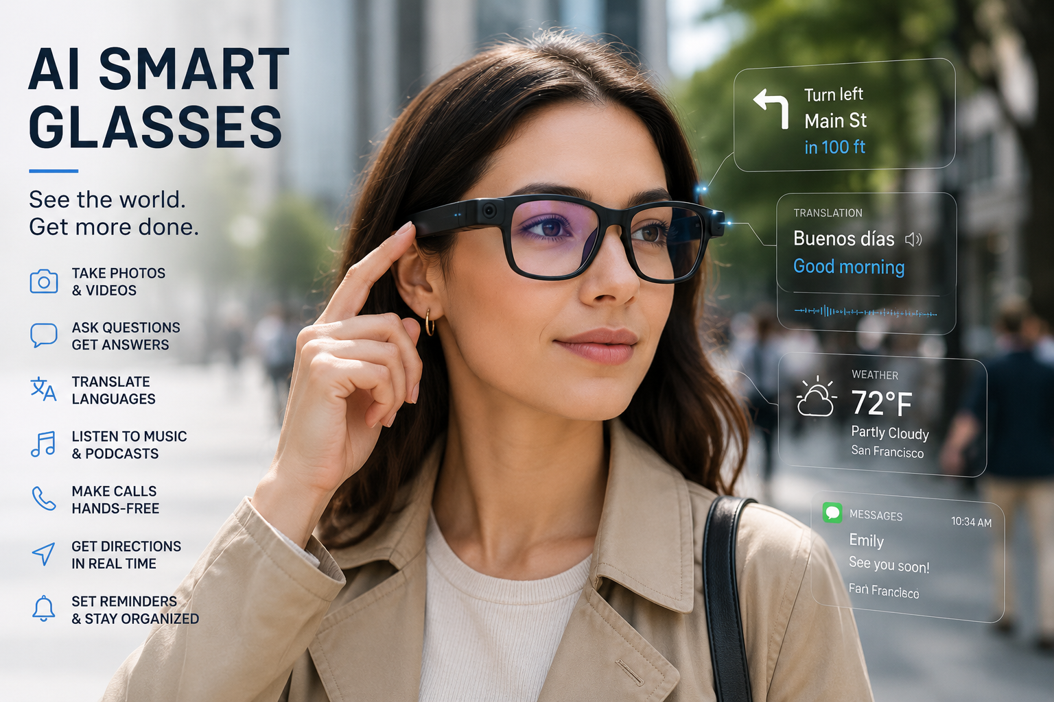 Woman wearing AI smart glasses with digital features