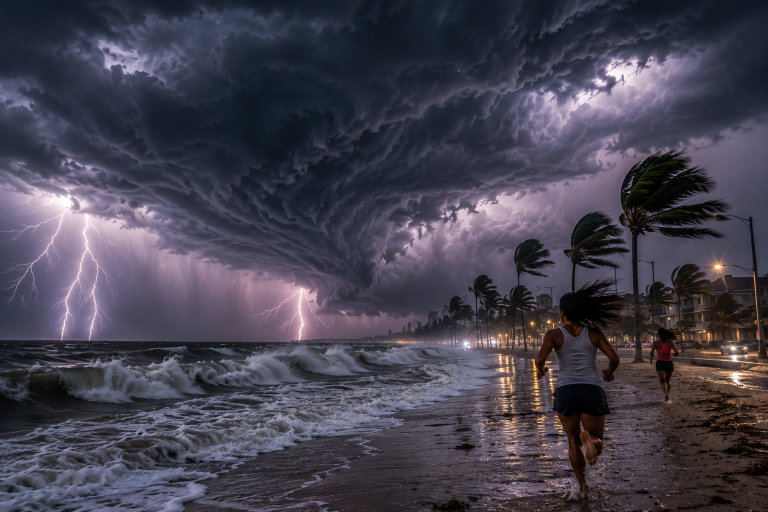 Tropical storm with strong waves, lightning and people running along the coast