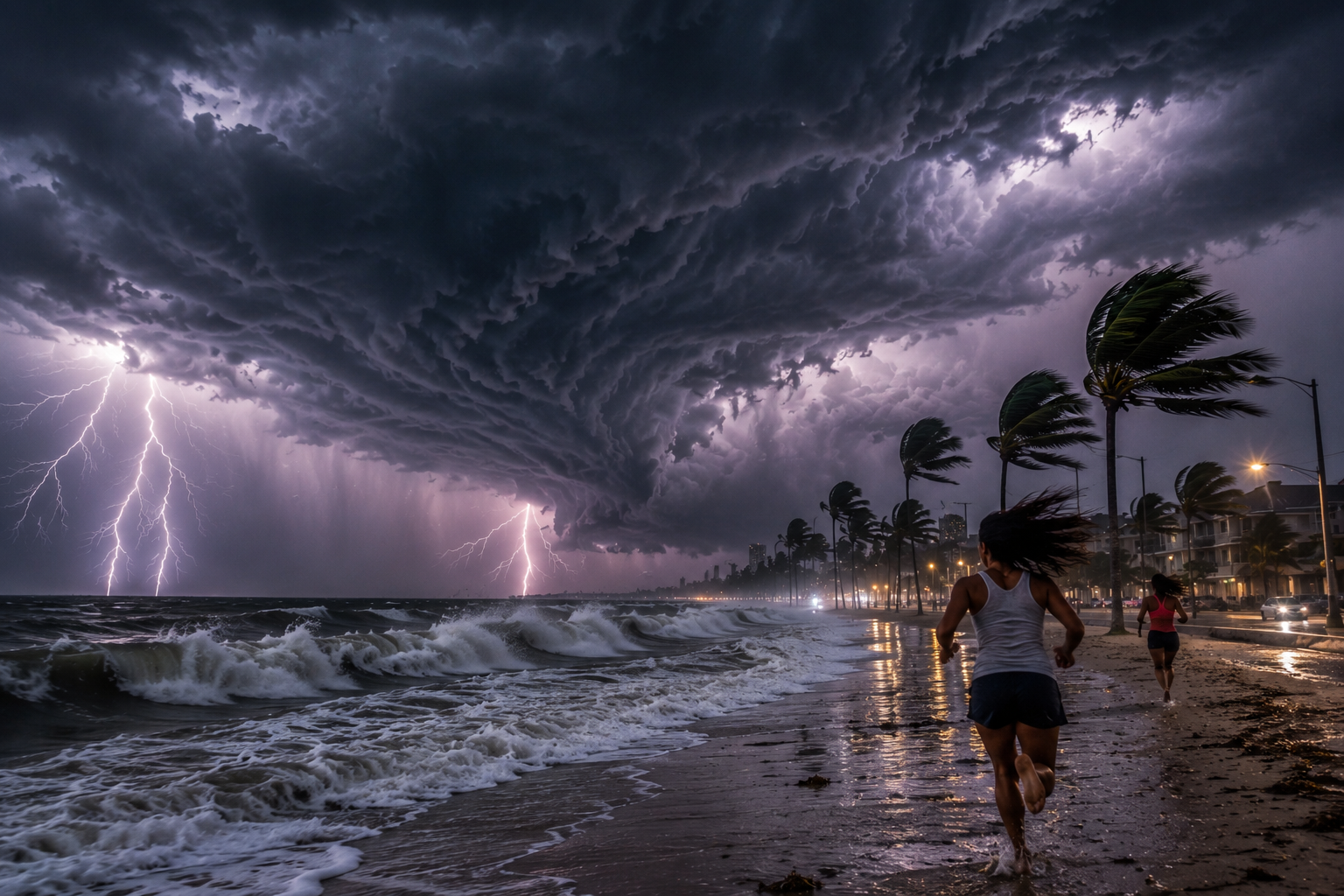 Tropical storm with strong waves, lightning and people running along the coast