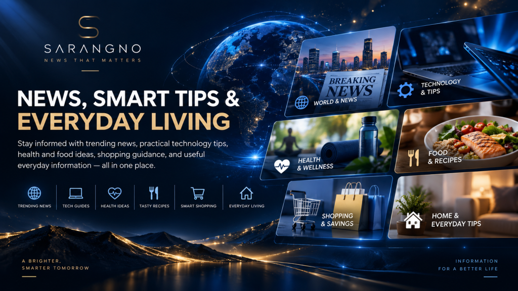 Sarangno homepage banner featuring technology, news, shopping, and helpful guides