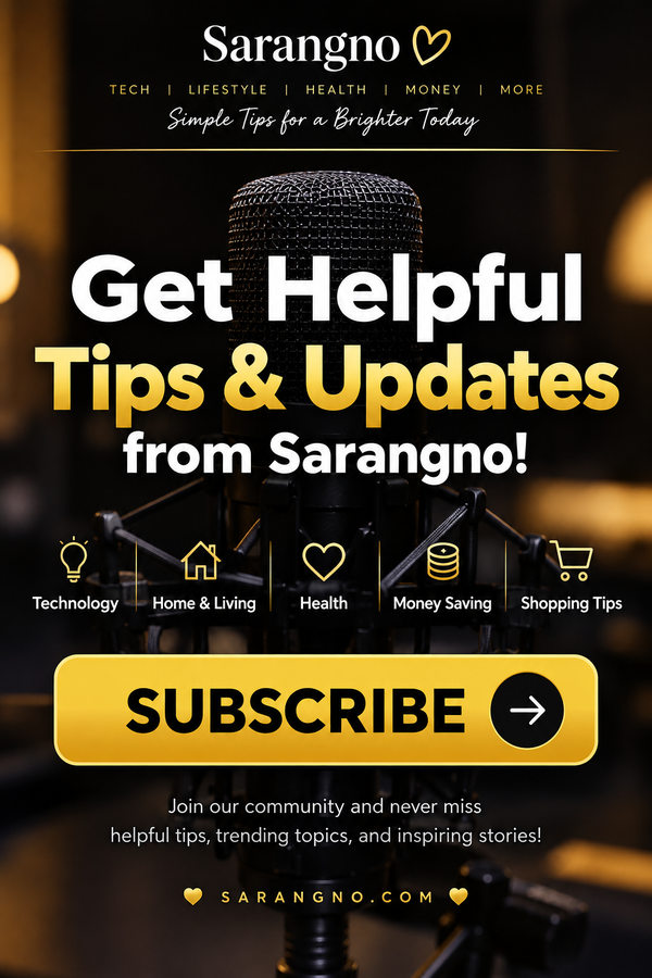 Sarangno newsletter subscription banner offering helpful tips and updates.